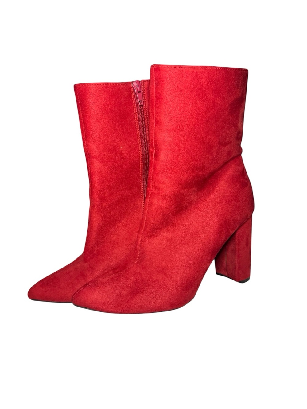 BAMBOO Red Suede Pointed Toe Block Heel Ankle Boots Size 7 1/2